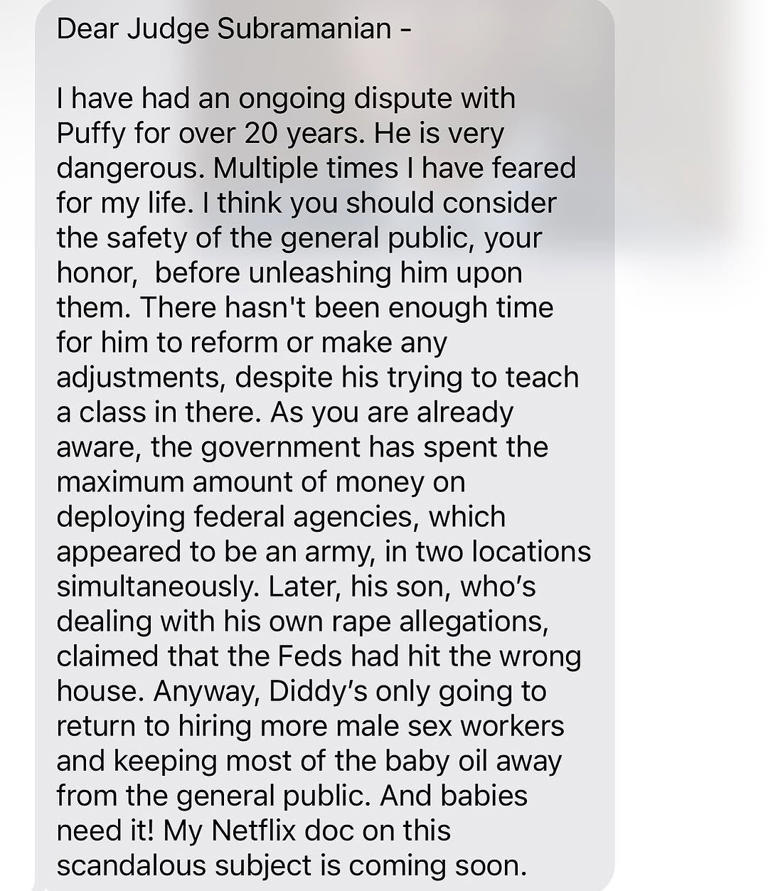 50 Cent, a longtime rival of Sean ‘Diddy’ Combs, posted a mock letter to Judge Subramanian on Thursday, calling the soon-to-be-sentenced rapper ‘very dangerous’ (X/@50cent)