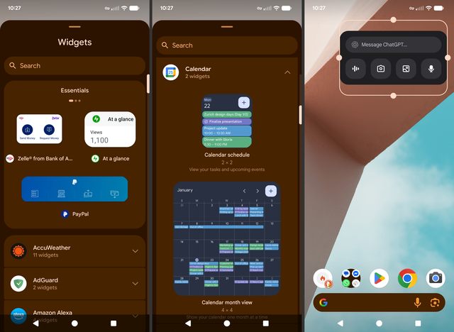 Three Android smartphone screens showing home screen widgets and the widget selection interface