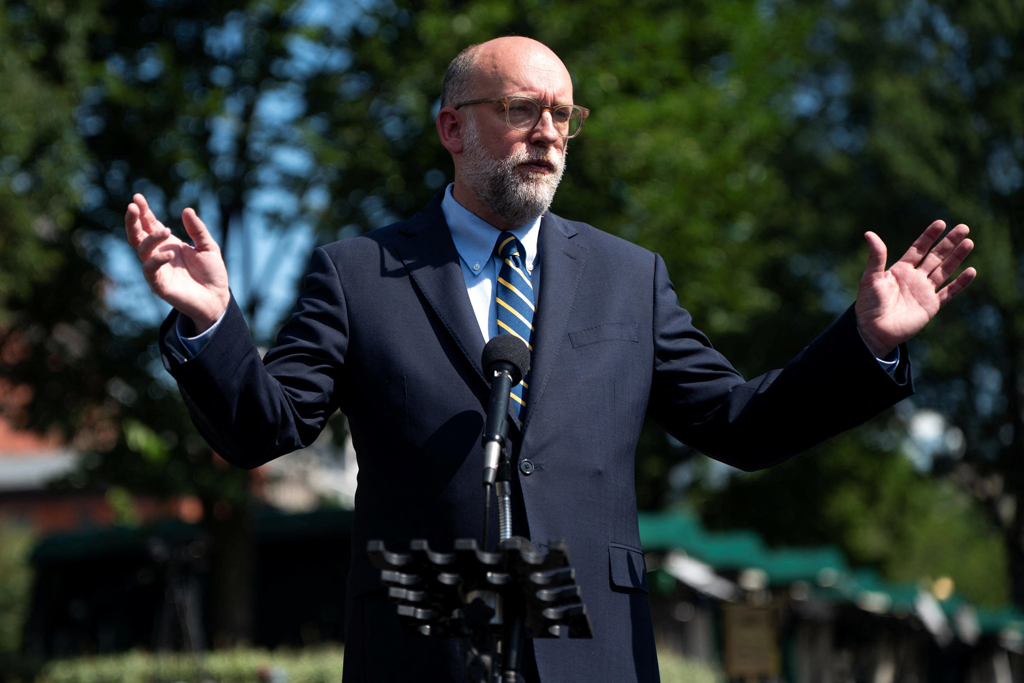 Director of the Office of Management and Budget (OMB) Russell Vought speaks to reporters outside the West Wing of the White House in Washington, D.C., U.S., July 17, 2025.