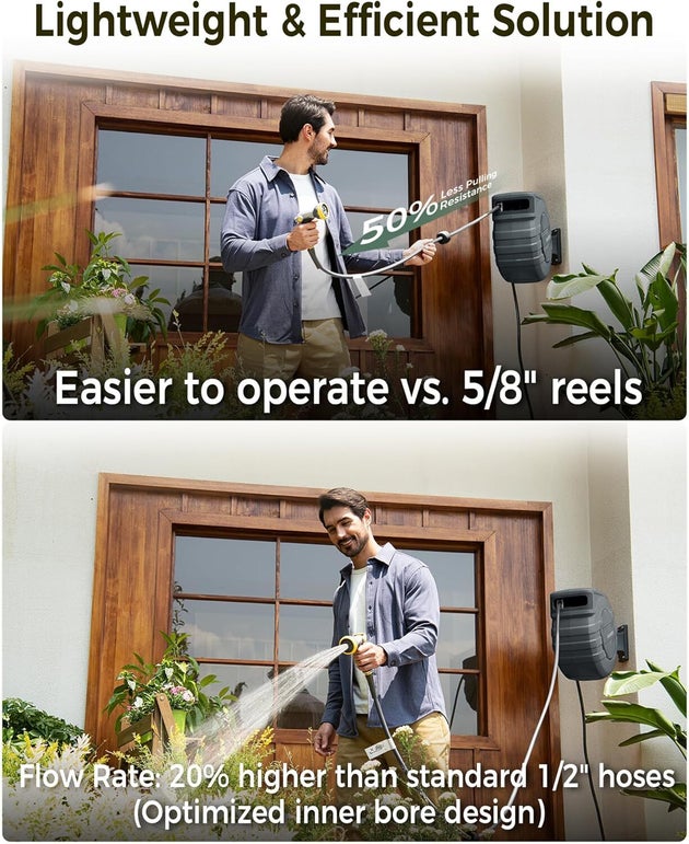 The hose can be wall-mounted, making it easy to use and store thanks to the retractable design.