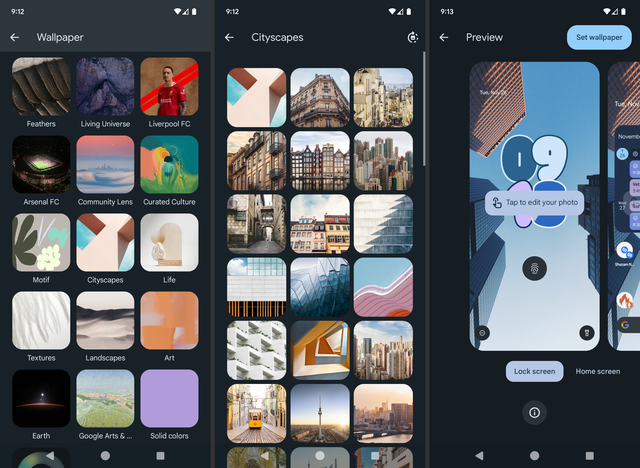 Wallpaper options for a Google Pixel phone