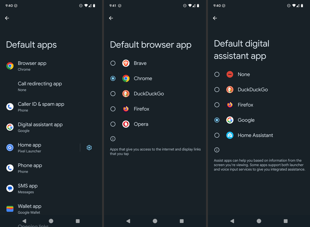 Changing the default browser app and digital assistant app on Android