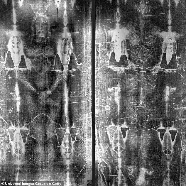 The 14-foot-long Shroud of Turin is touted as wrapping used for Jesus' body after the crucifixion, which shows a faint, bloodstained pattern of a man with his arms folded in front