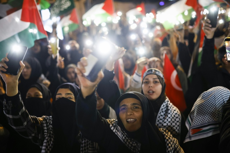 تظاهرة في اسطنبول في الثاني من تشرين الأول/أكتوبر 2025 تضامنا مع الفلسطينيين وتنديدا باعتراض إسرائيل "أسطول الصمود العالمي" المتوجه إلى غزة