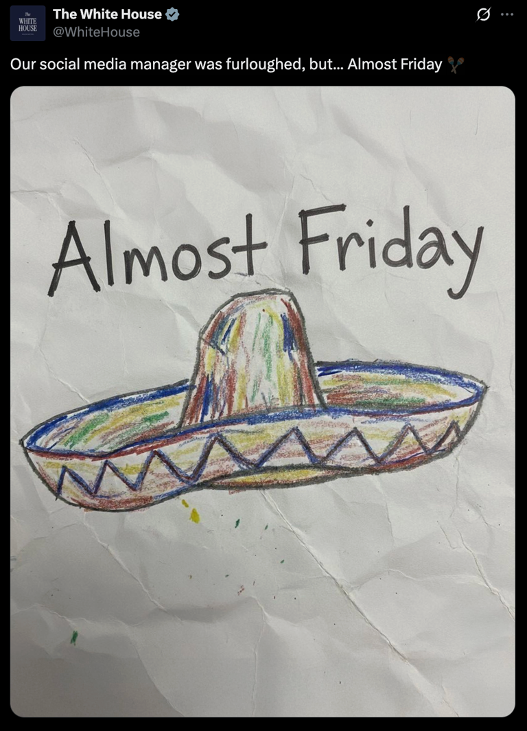 The White House joins in with Trump's mockery of House Minority Leader Hakeem Jeffries by posting a sombrero meme on its offical X account on Friday October 3 2025 (The White House/X)