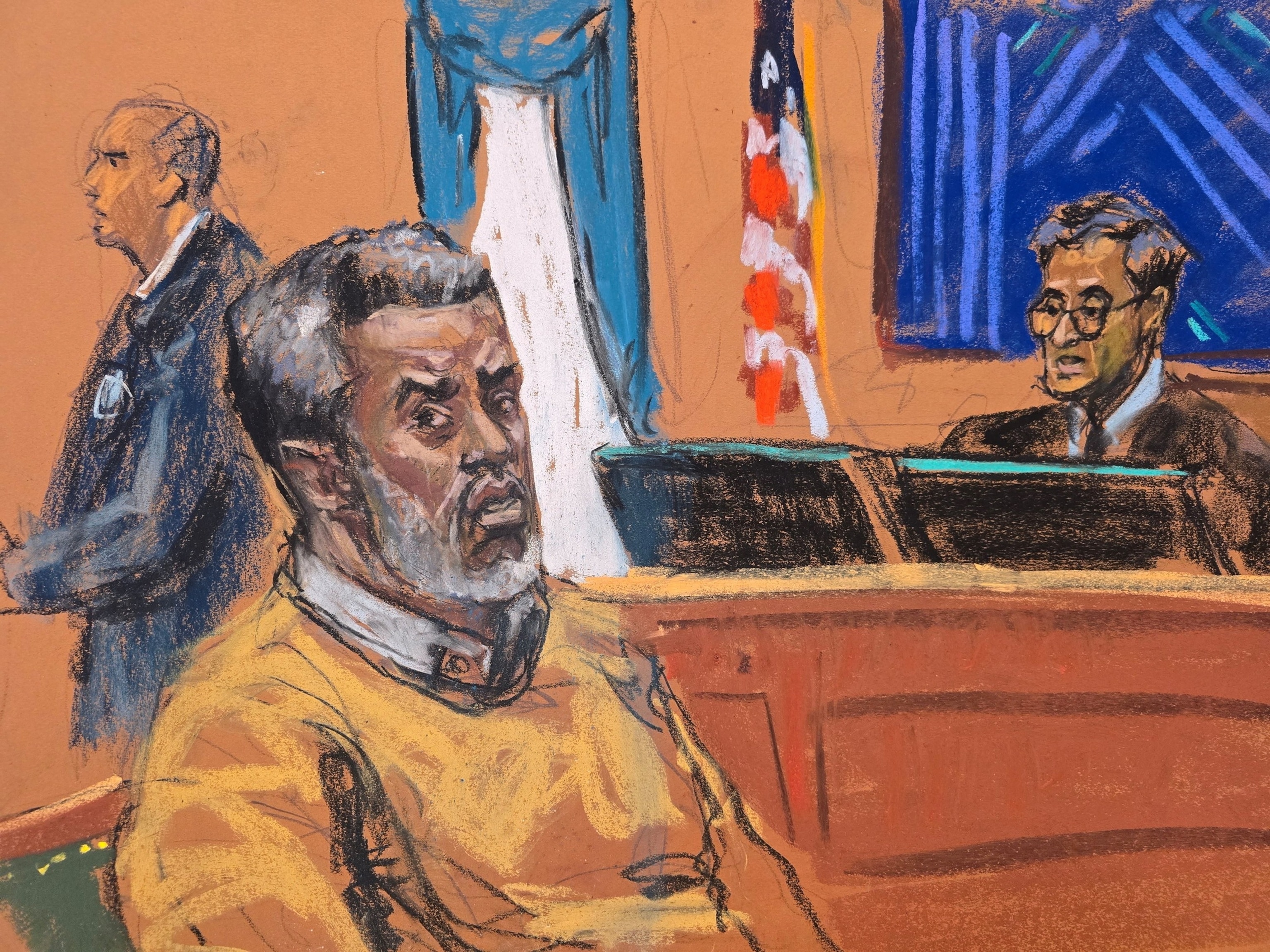 Jane Rosenberg/Reuters - PHOTO: Sean 'Diddy' Combs listens as Judge Arun Subramanian pronounces the sentence during Combs' sentencing hearing in New York, Oct. 3, 2025, in this courtroom sketch.