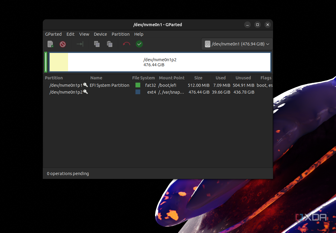 GParted open on Ubuntu showing an active partition