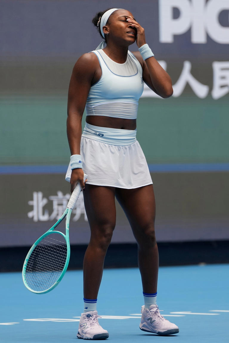 Coco Gauff of the United States reacts during play against compatriot Amanda Anisimova in a women's singles semifinal match of the China Open tennis tournament in Beijing, China, Saturday, Oct. 4, 2025.(AP Photo/Ng Han Guan)