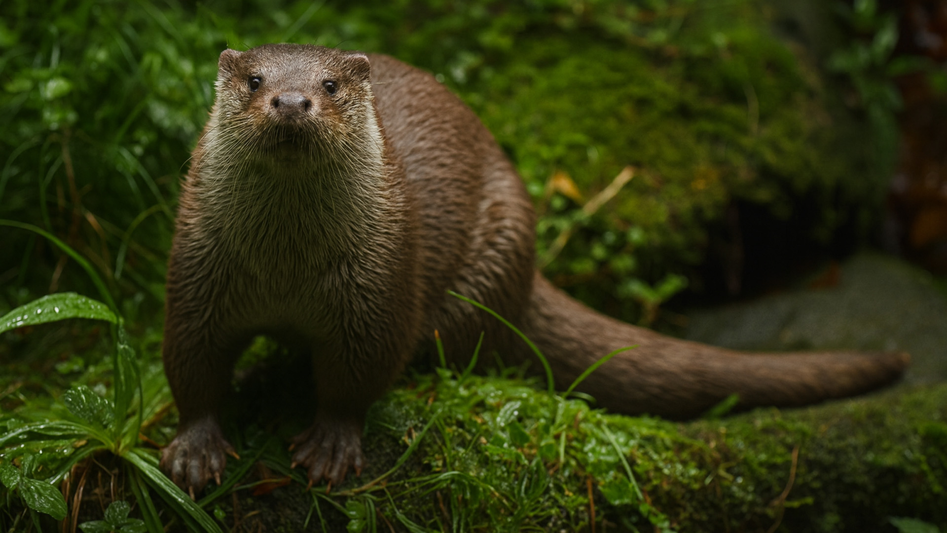 Lontra-europeia (Lutra lutra) entre musgo e pedras