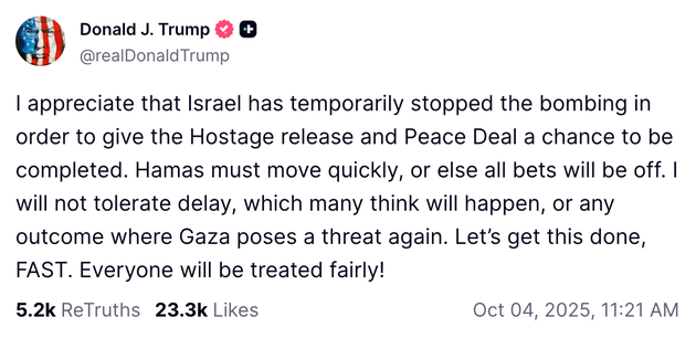Trump Warns Hamas Must Release Hostages 'Quickly' Or 'All Bets Are Off'