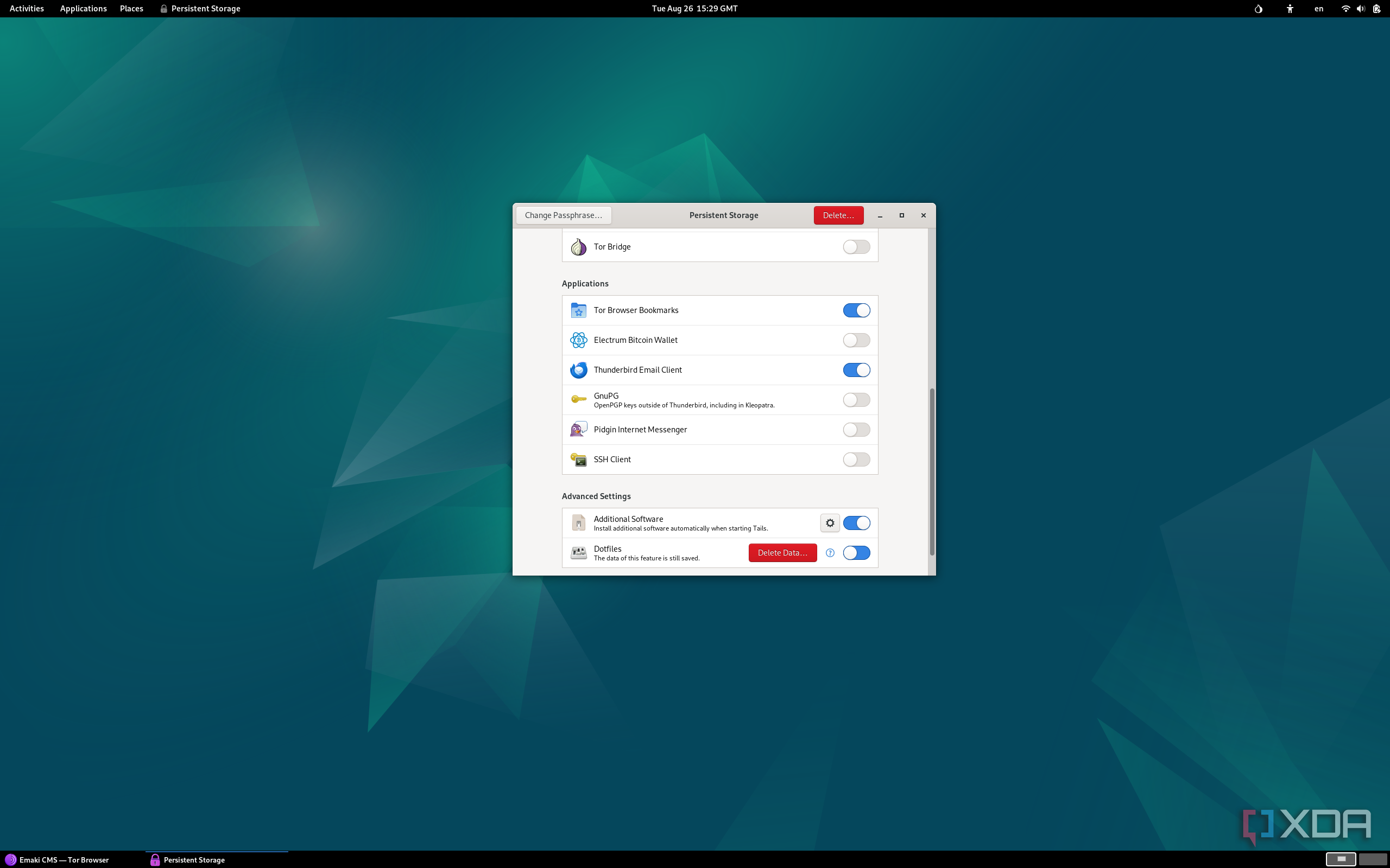 Screenshot of Persistent Storage settings on Tails