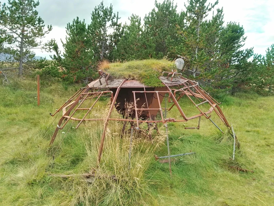 Rusty, dome-shaped metal structure blending into a grassy landscape, surrounded by trees, topped with overgrown vegetation