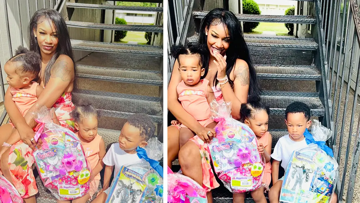 Calvinitri White was falsely arrested for child neglect after police said she lived in a roach-infested apartment with her three children but charges were dismissed after she proved she had been trying for months to get the landlord to address the issue. Here she is celebrating Easter with her children before her arrest (Photo: facebook.com/calii.stevenson.2025)