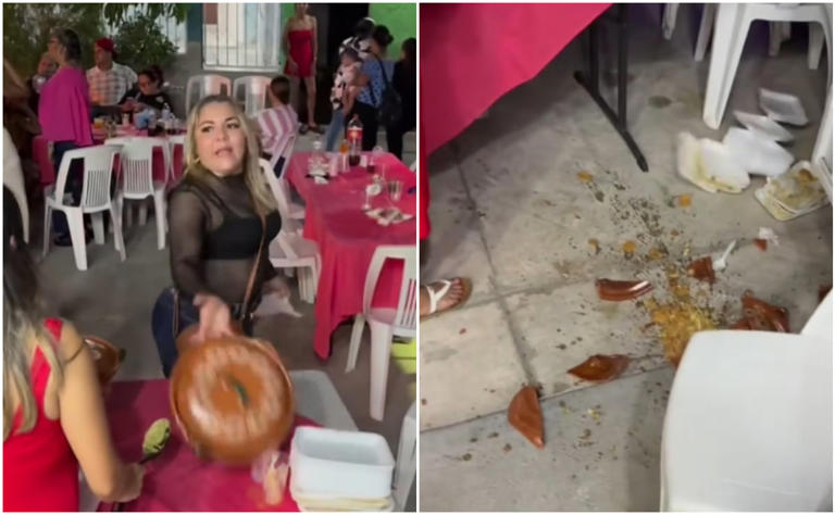La mujer lanzó la cazuela con comida, la cual se rompió cuando impactó con el piso. Foto: TikTok