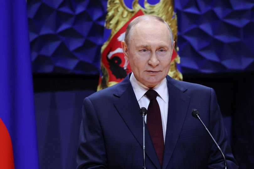 Russian President Vladimir Putin speaks during the opening ceremony of a concert hall in Sirius urban-type settlement, Krasnodar Territory, Russia, Friday, Oct. 3, 2025. (Mikhail Metzel, Sputnik, Kremlin Pool Photo via AP)