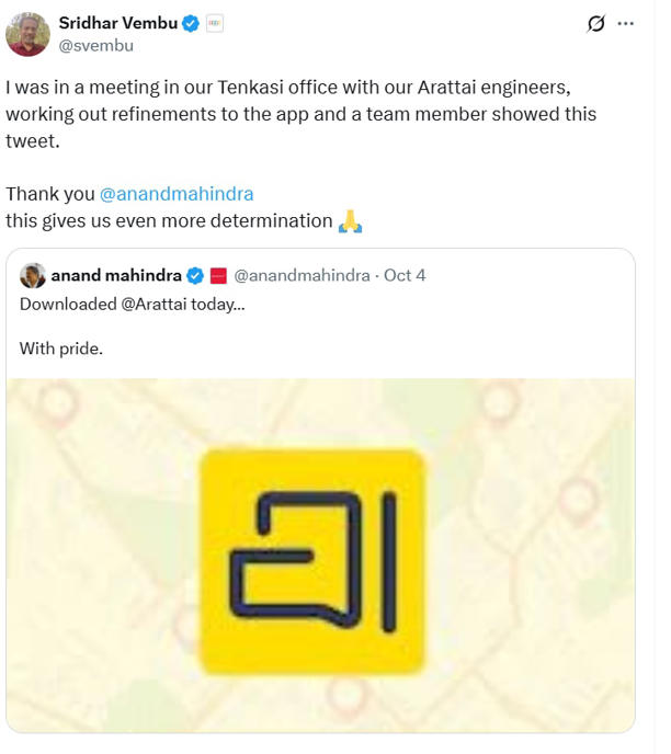 Anand Mahindra downloads Zoho's Arattai app, CEO Sridhar Vembu thanks him for support