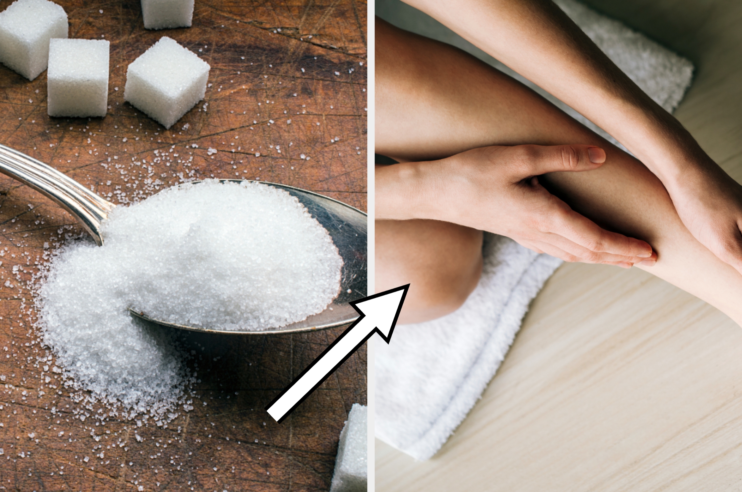 Sugar cubes and granulated sugar on a spoon next to a person exfoliating their leg with sugar