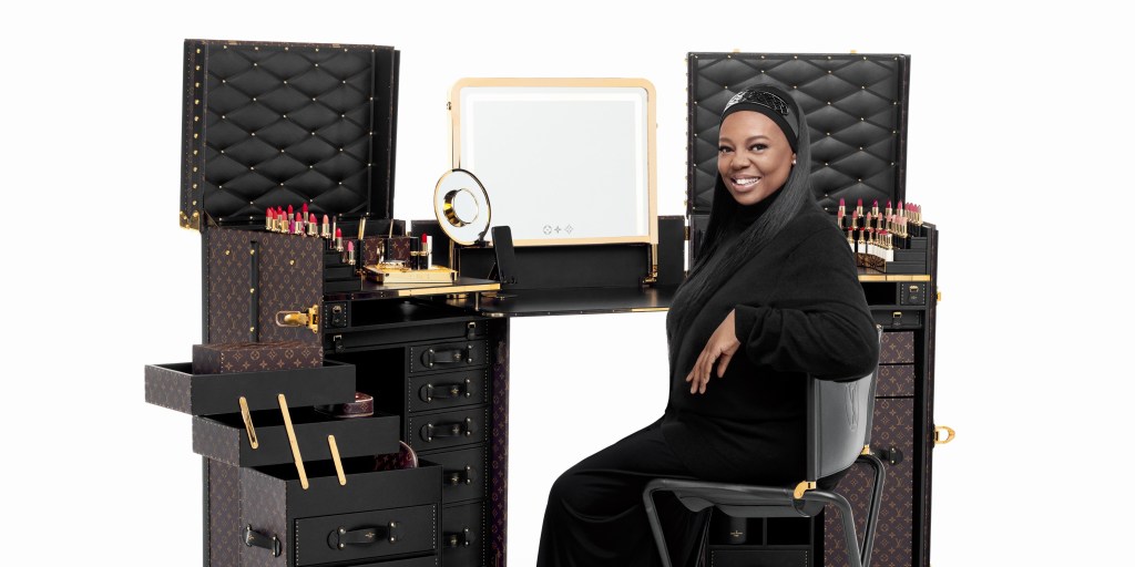 Pat McGrath unveils Louis Vuitton’s new portable makeup station, inspired by her backstage beauty set-up and the house’s longstanding heritage as esteemed trunk makers. Photo by Steven Meisel for Louis Vuitton