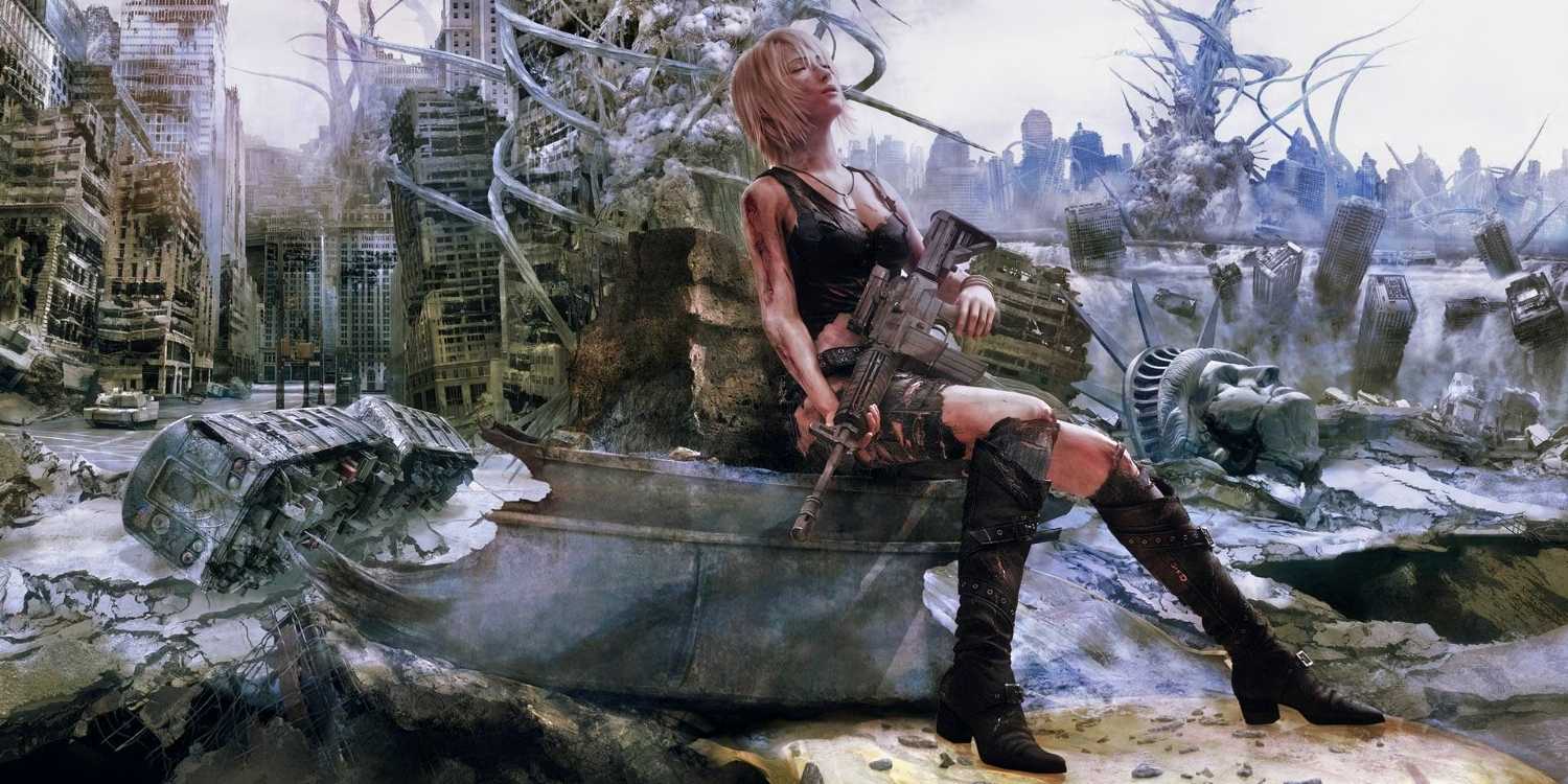 parasite eve poster art of a woman sitting in a ruined city
