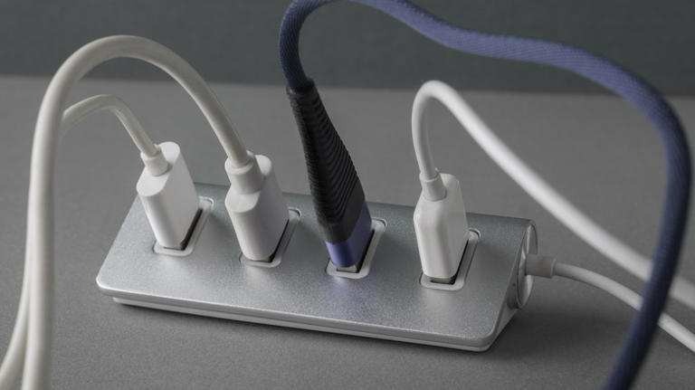 A USB hub with 4 ports, all plugged in with USB cables