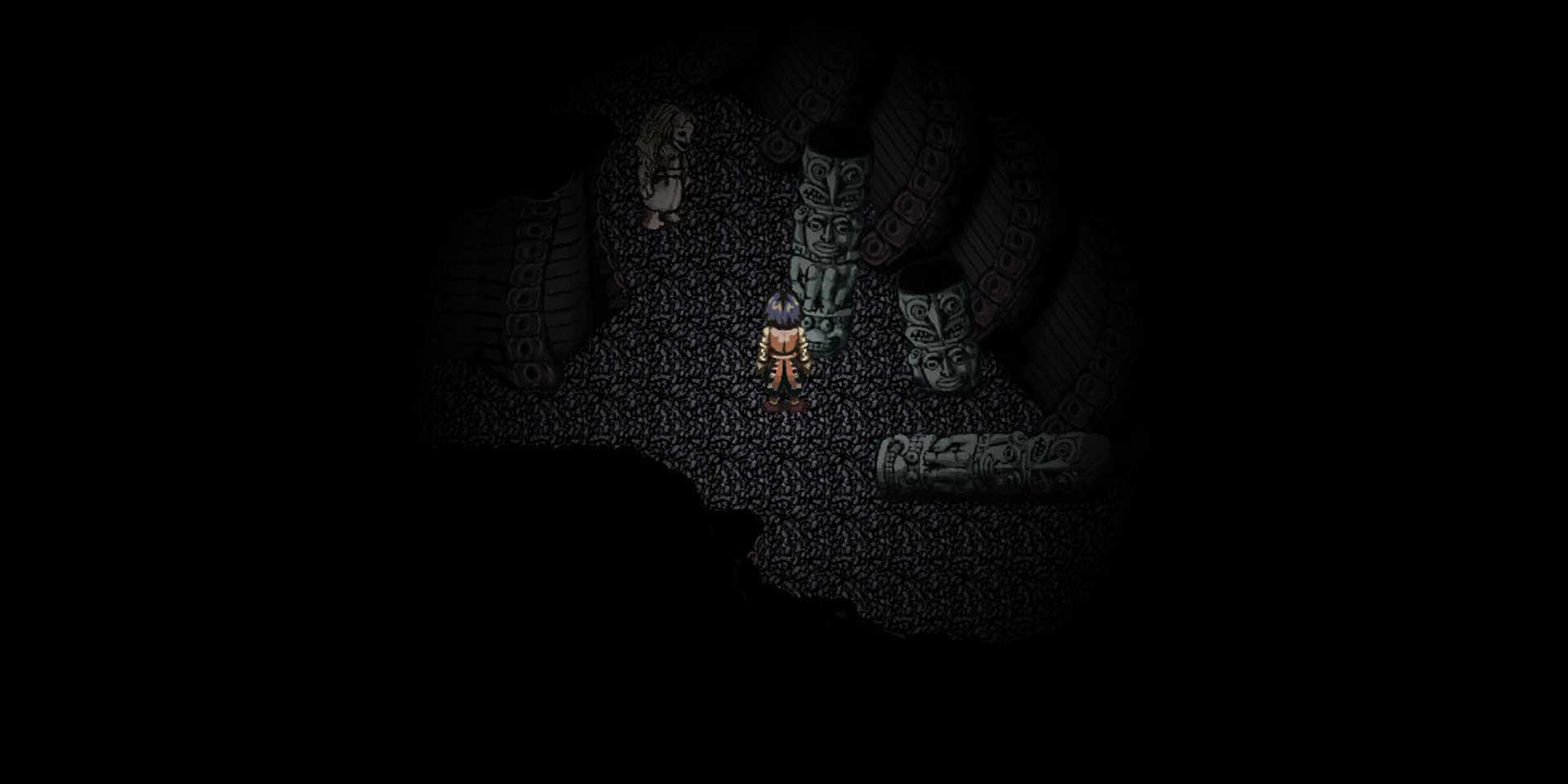 Fear & Hunger game screenshot showing a pixelated character in a dark area.