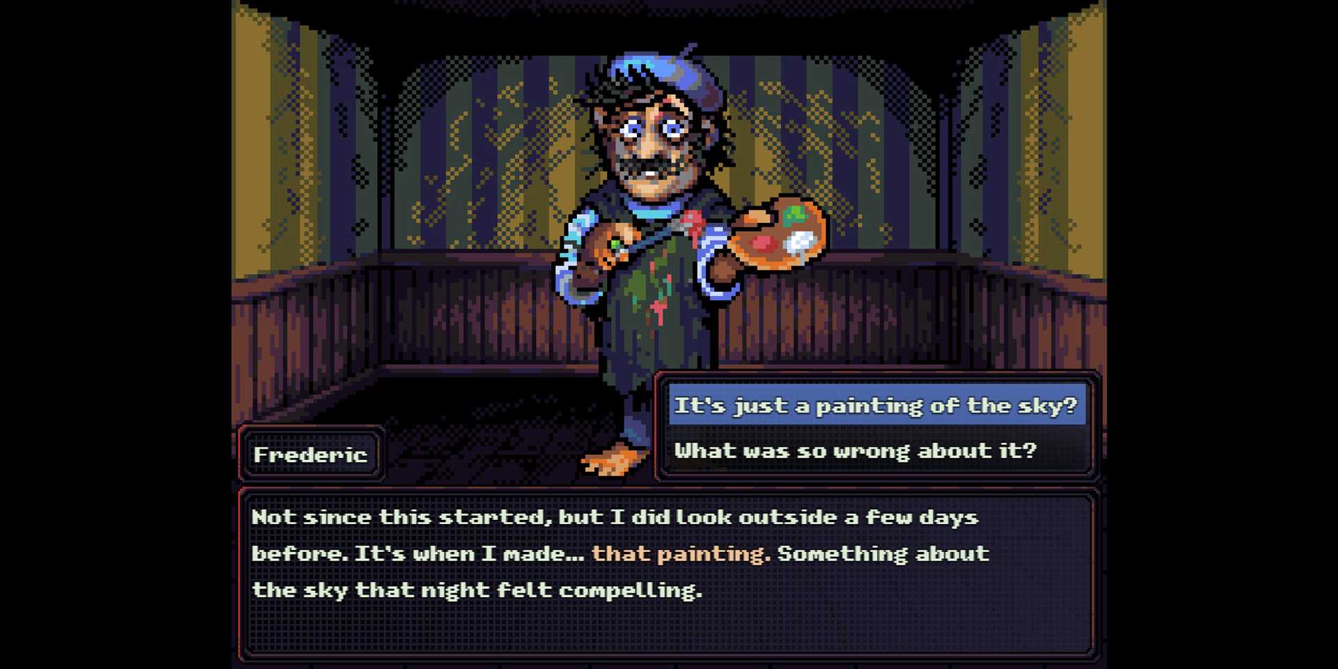 A Look Outside character named Frederic talking about his painting
