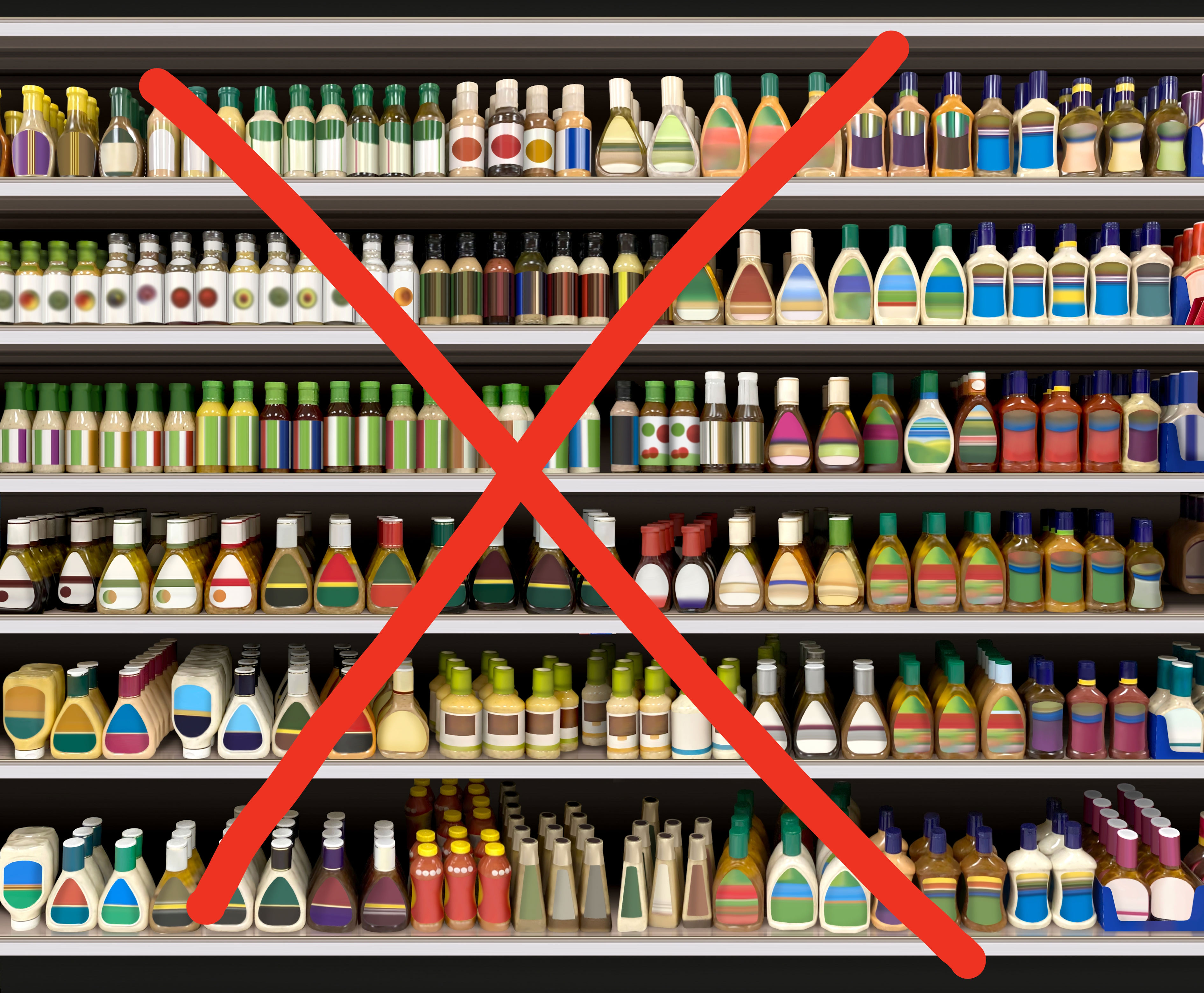 Shelves filled with various bottles and containers, likely sauces or condiments, arranged in neat rows
