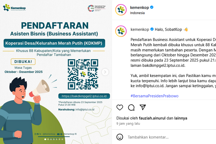 Lowongan Asisten Bisnis Kemenkop UKM 2025 Dibuka, Gaji Rp7,25 Juta