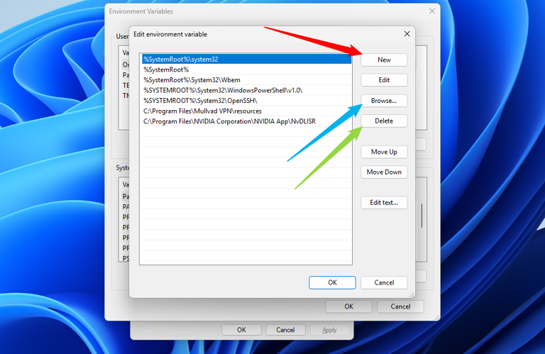 The options to create a new entry on the PATH, or modify or delete an existing one.