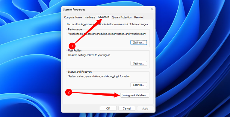 Make the advanced tab is selected, then click "Environment Variables."
