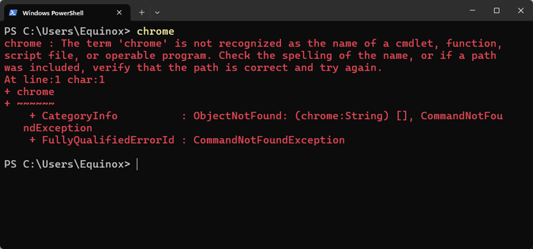Attempting to run Chrome using PowerShell in the Windows Terminal without Google Chrome on the PATH.