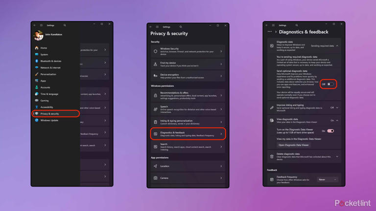 Windows 11 Diagnostics & feedback settings screenshots