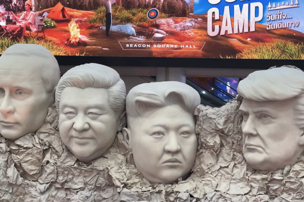 A shopping mall recreated Mount Rushmore with the faces of controversial world leaders for a camping event in Thailand.