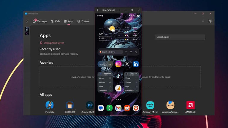 Microsoft Phone Link connected to Samsung Galaxy S25 Plus and mirroring screen.