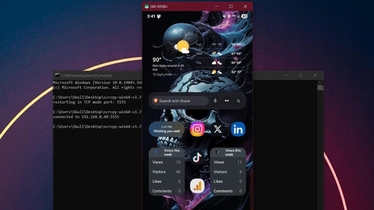Scrcpy on Windows connected to Samsung Galaxy 25 via Wi-Fi
