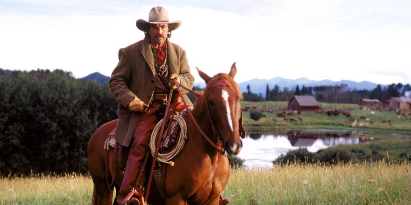 Tom Selleck sits on a horse in Crossfire Trail