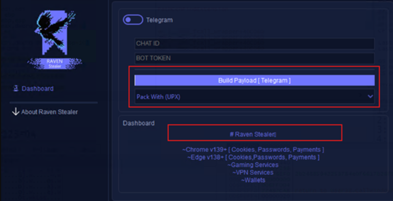 Interface do Raven Stealer com painel de configuração do payload e opções de envio via Telegram.