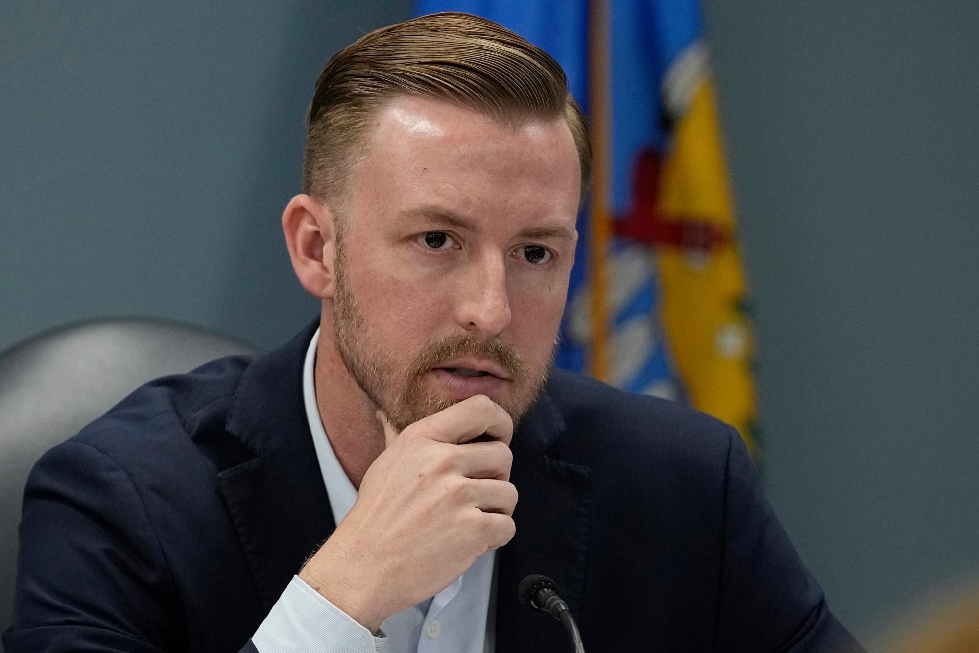 Ryan Walters speaks during a special state board of education meeting in Oklahoma City on 12 April 2023. Photograph: Sue Ogrocki/AP