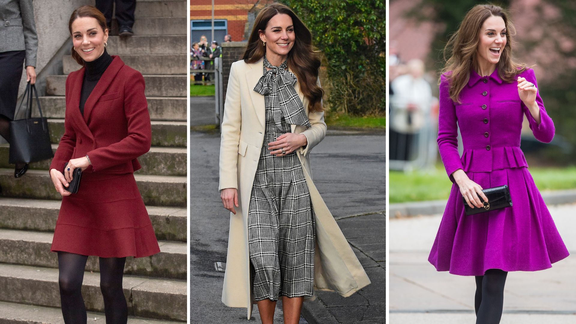 A composite of two images of Kate Middleton pre-2022 wearing shorter hemlines and a picture of her in 2025 wearing a midi-length dress