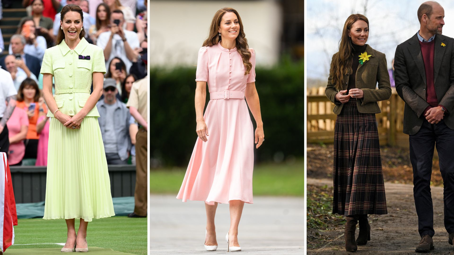 A composite of three pictures of Kate Middleton wearing mid-length dresses or skirts over the past two years