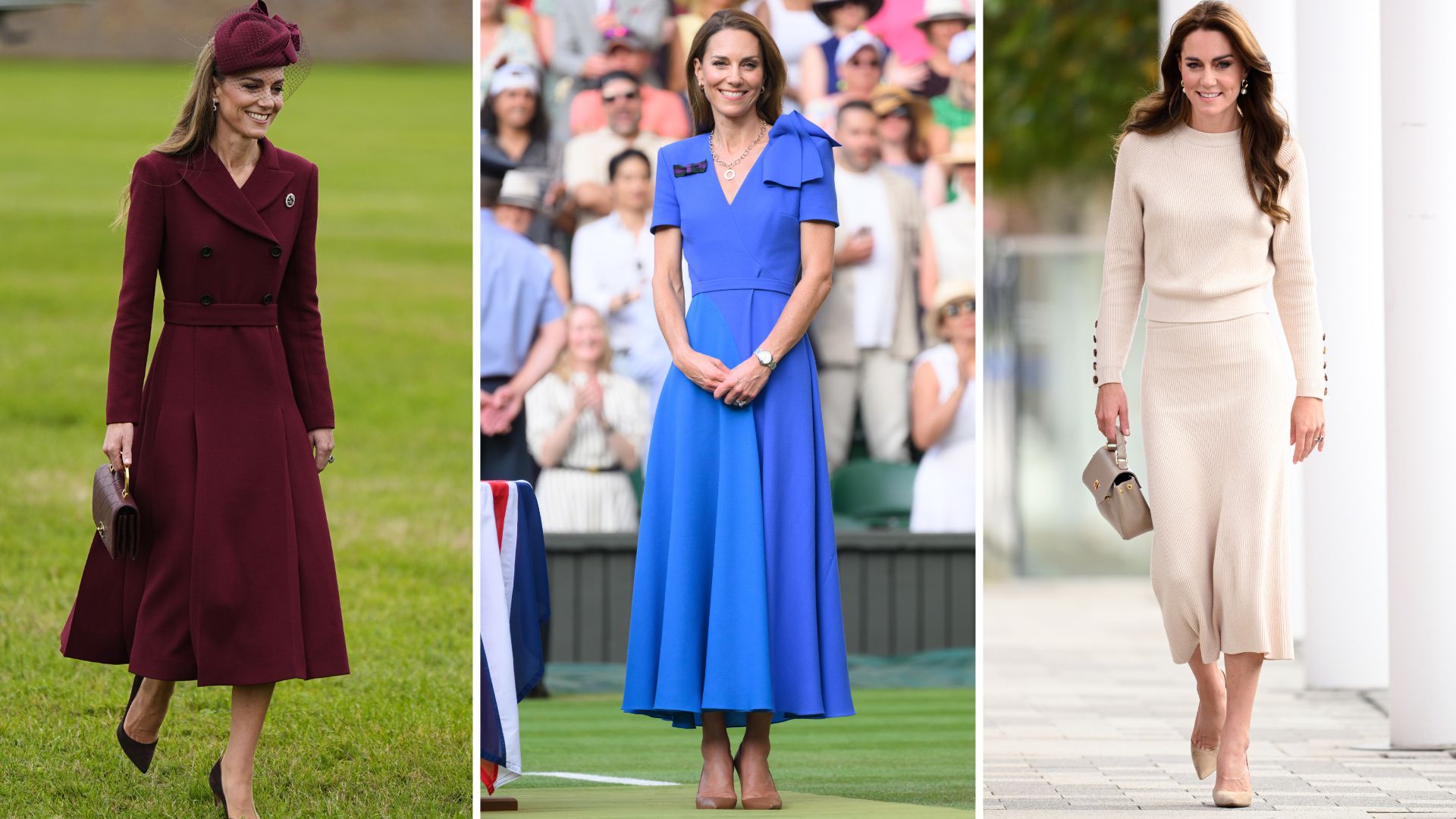A composite of three pictures of Kate Middleton wearing midi-length hemlines over the past few years