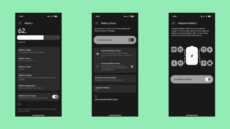 Screenshots of menus used to turn on the Adaptive Battery feature on a Pixel phone.