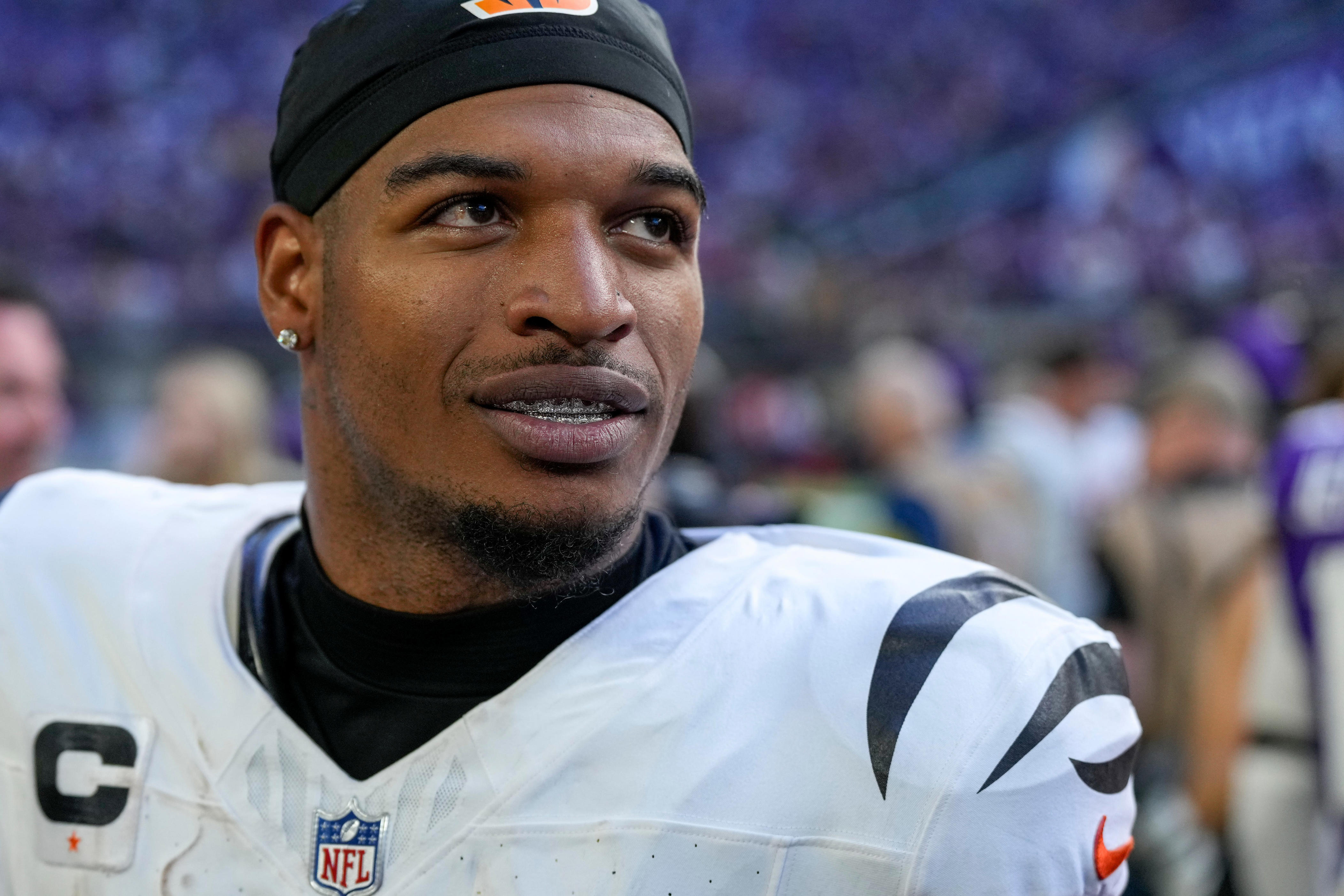 Cincinnati Bengals wide receiver Ja'Marr Chase (1) walks for the locker room after the fourth quarter of the NFL Week 3 game between the Minnesota Vikings and the Cincinnati Bengals at U.S. Bank Stadium in Minneapolis on Sunday, Sept. 21, 2025. The Vikings won, 48-10.