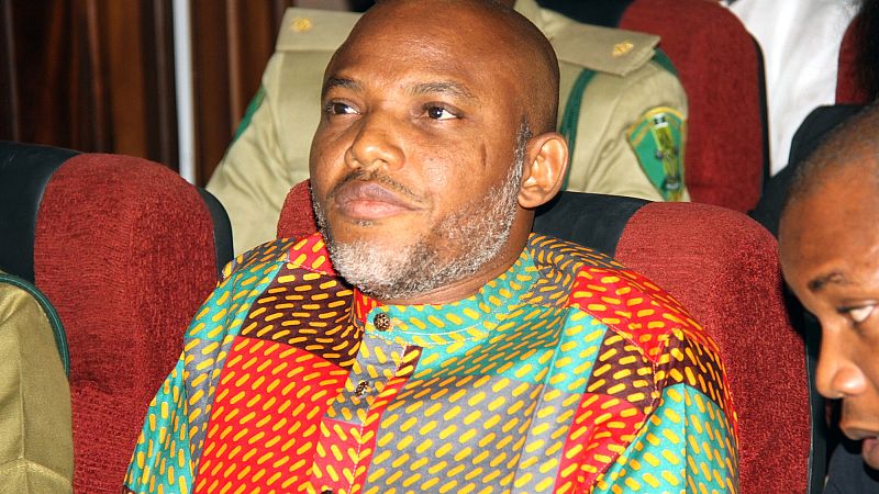 Biafran separatist leader Nnamdi Kanu, listens to court proceedings at the Federal High court in Abuja, Nigeria on Jan. 29, 2016.