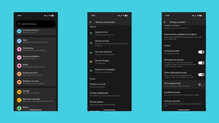 Toggling off the Show passwords option on a Google Pixel.
