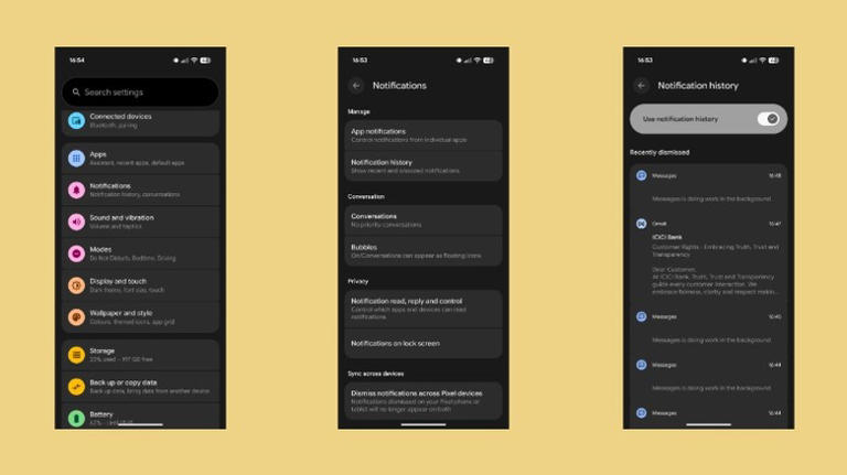 Screenshots showing the steps to enable Notification history on a Google Pixel.
