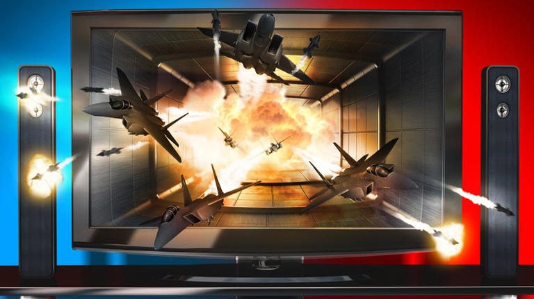 Fighter jets flying out from a television screen