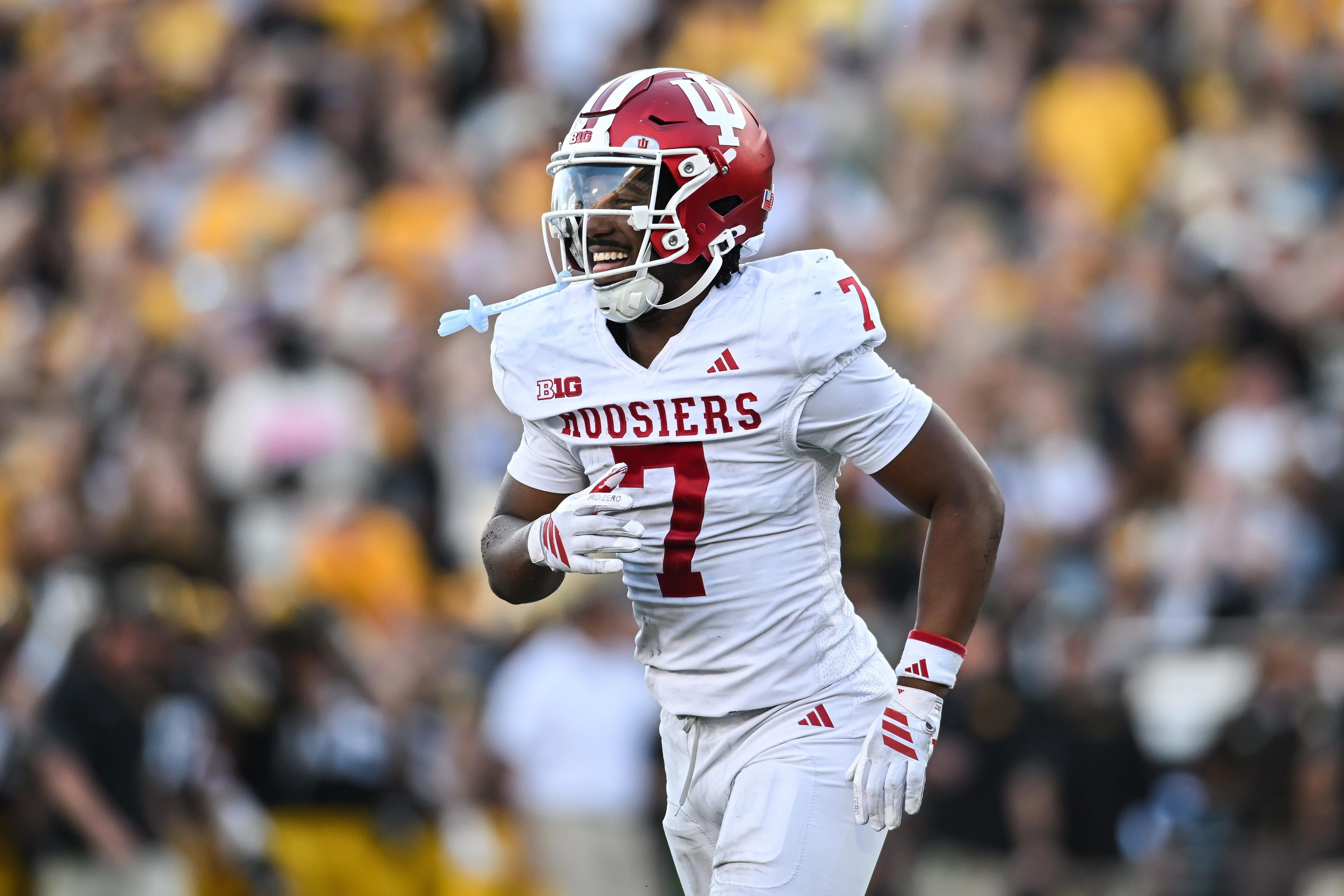 Indiana defensive back Louis Moore reacts late during the game against the Iowa Hawkeyes on Saturday, Sept. 27, 2025 at Kinnick Stadium in Iowa City, Iowa.