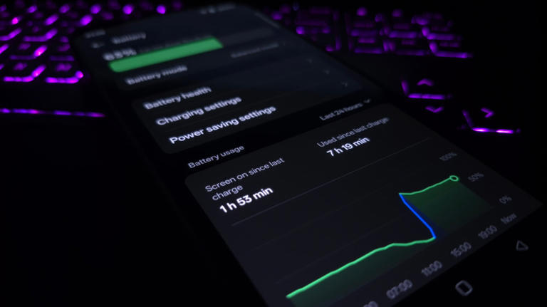 Close up of Android smartphone showing battery stats