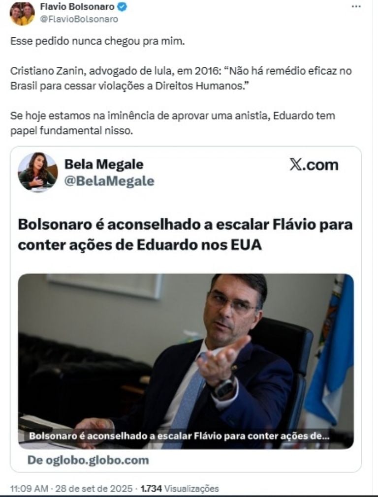 Flávio Bolsonaro diz não ter recebido pedido do pai para conter Eduardo